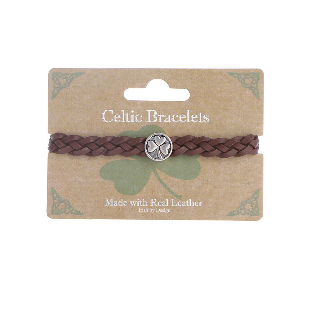Celtic 4 Strand Leather Bracelet With Shamrock Charm Brown