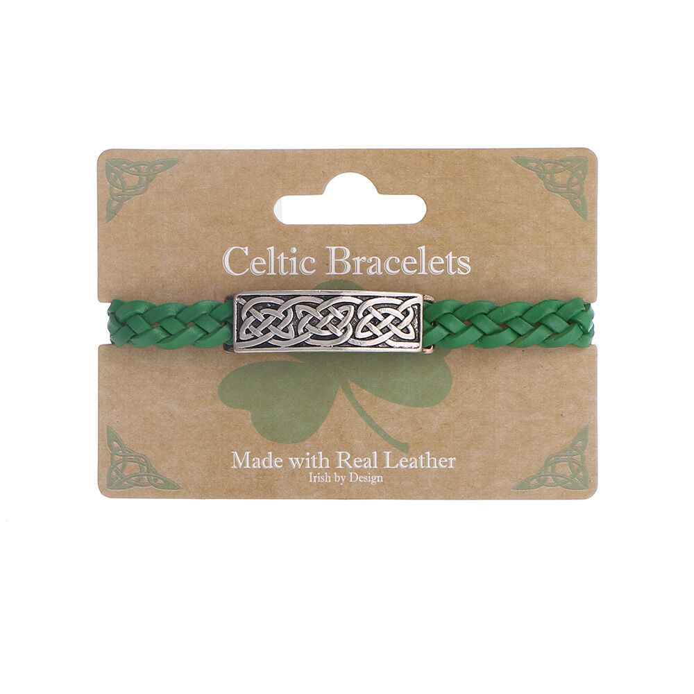 Celtic 4 Strand Leather Bracelet With Knotwork Bar Design Green