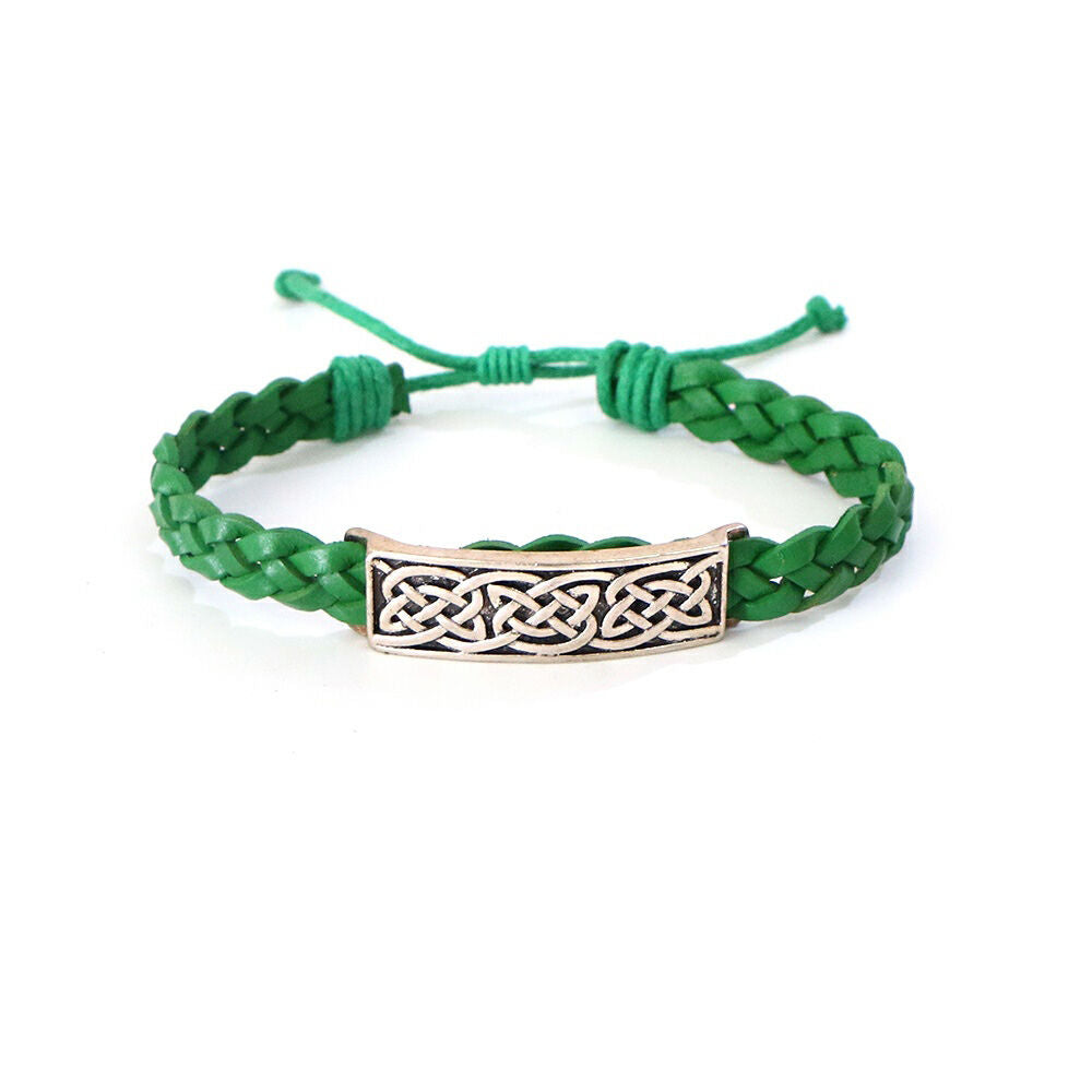 Celtic 4 Strand Leather Bracelet With Knotwork Bar Design Green