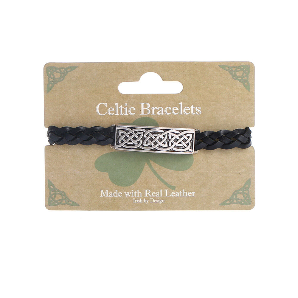 Celtic 4 Strand Leather Bracelet With Knotwork Bar Design Black