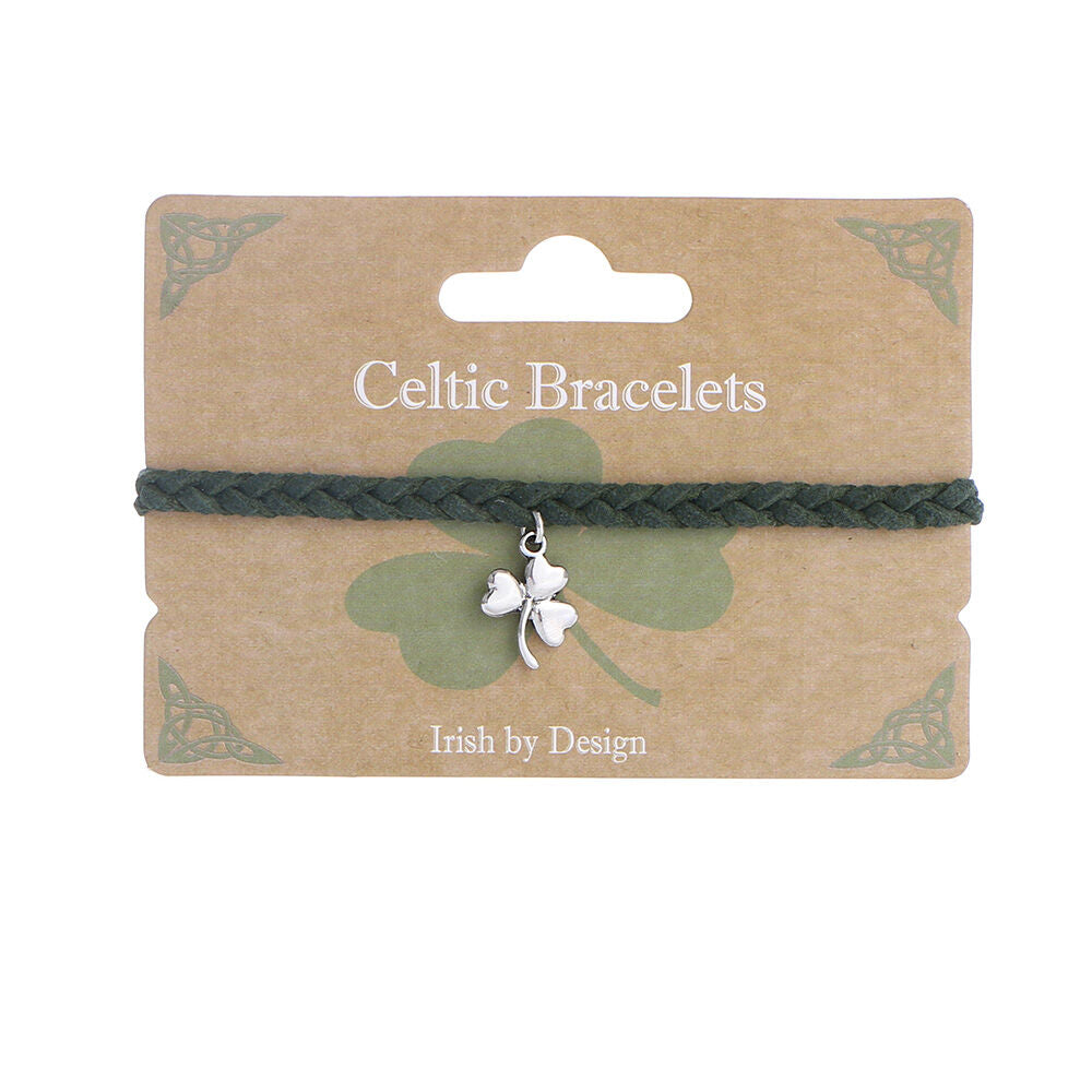 Celtic Leather Thick Plaited Bracelet With Shamrock Charm Green