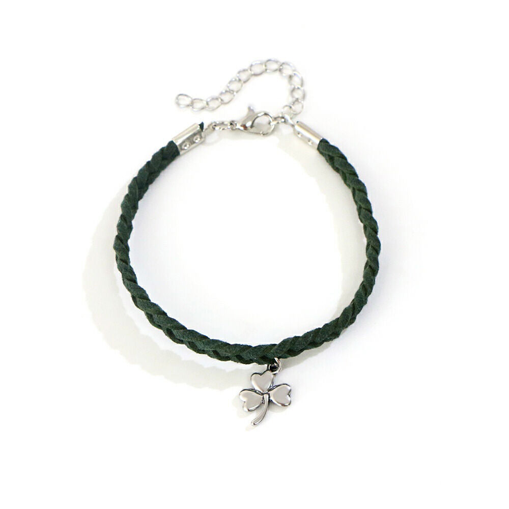Celtic Leather Thick Plaited Bracelet With Shamrock Charm Green