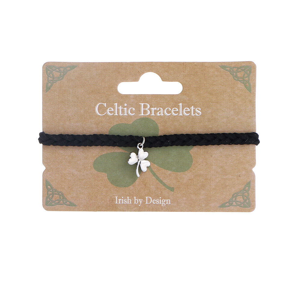 Celtic Leather Thick Plaited Bracelet With Shamrock Charm Black