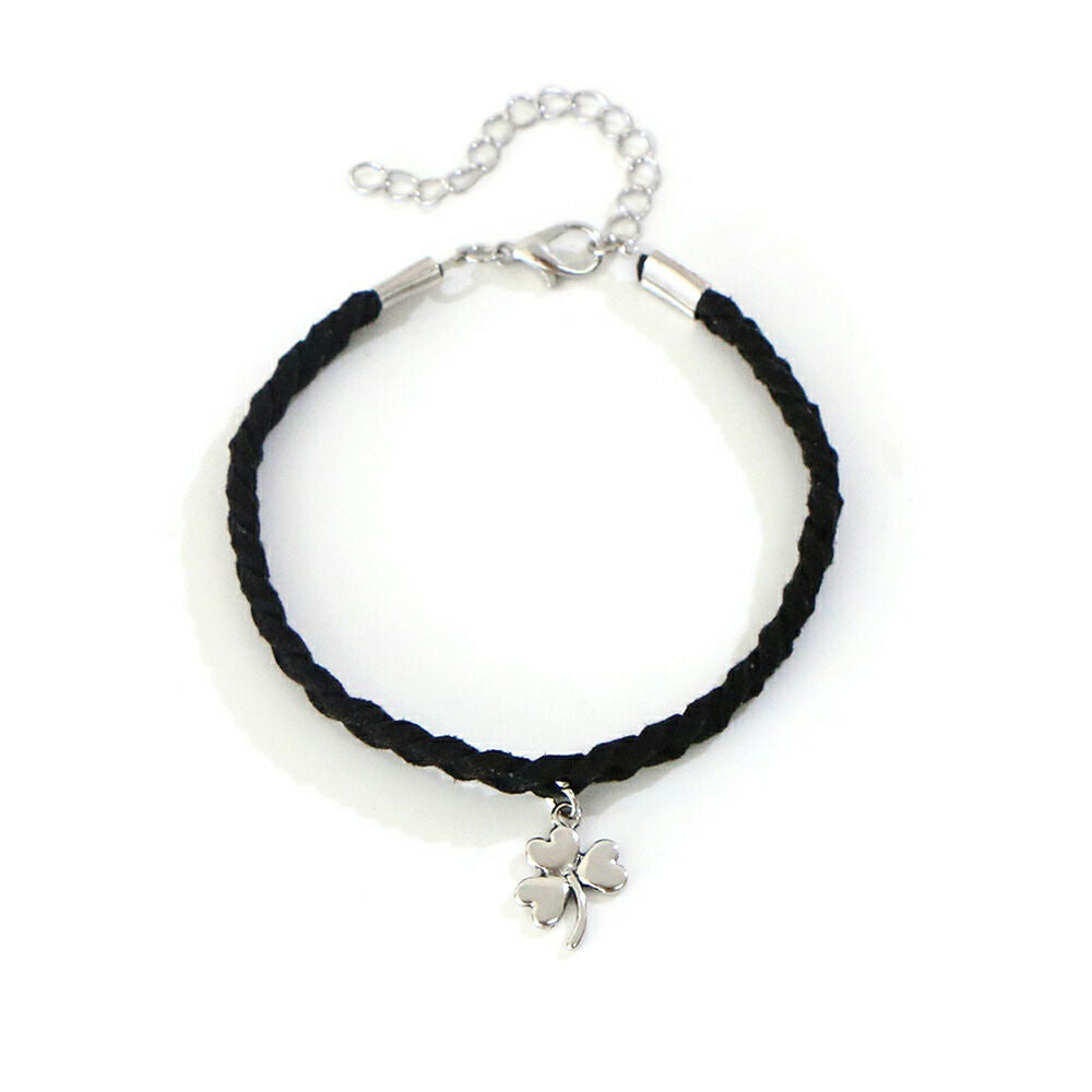 Black braided bracelet with silver clover charm and adjustable chain