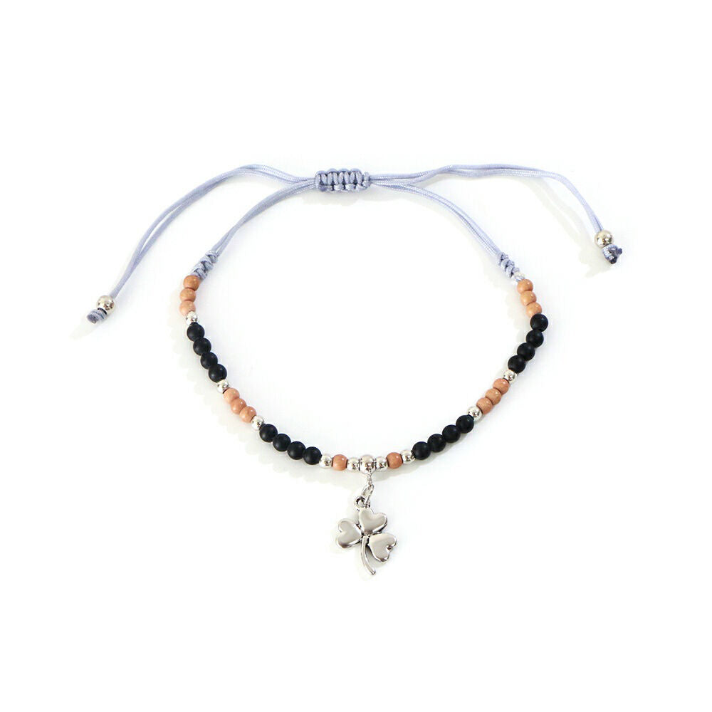Celtic String Bead Bracelet With Shamrock Charm Black & Brown