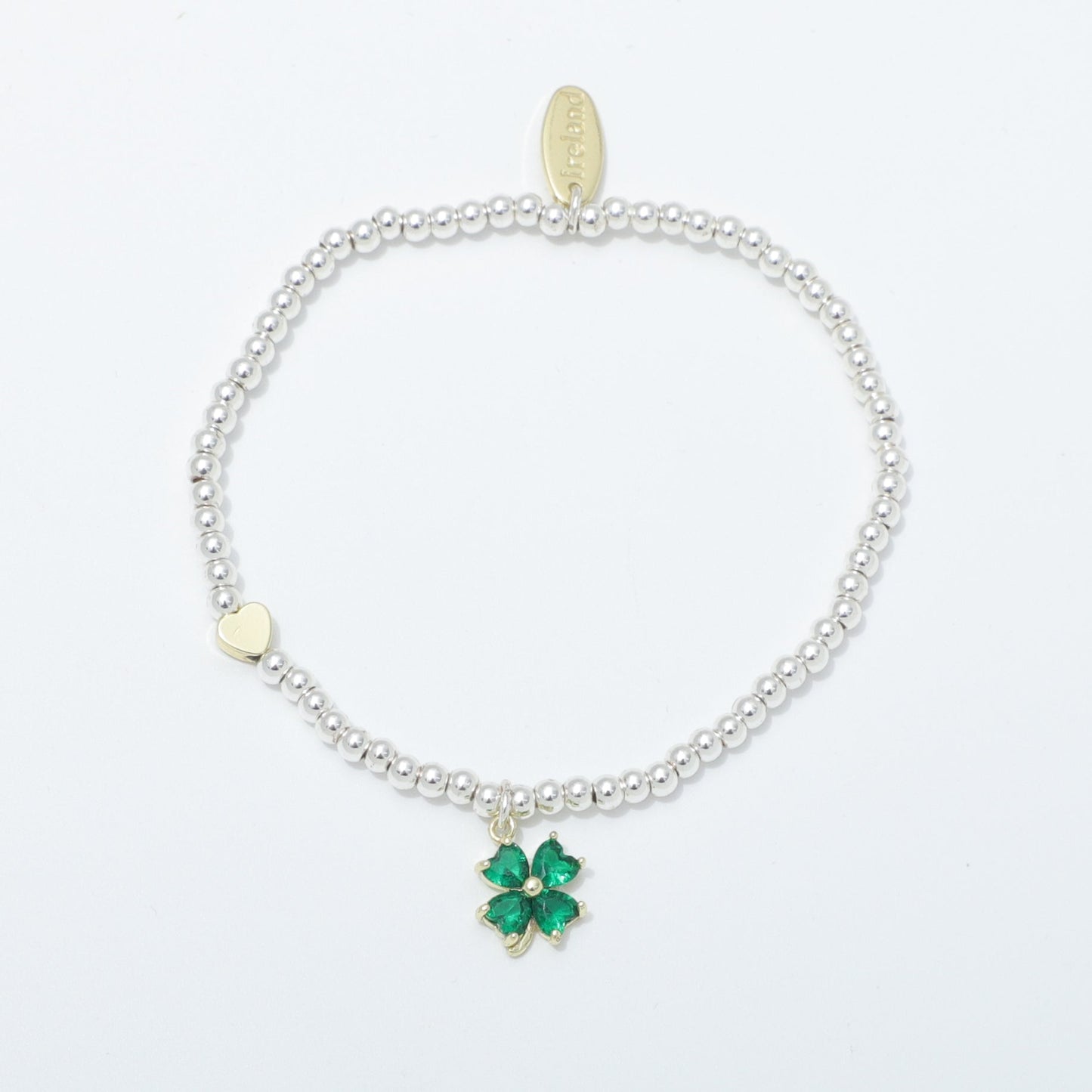 Silver Beaded Green Stones Clover Bracelet