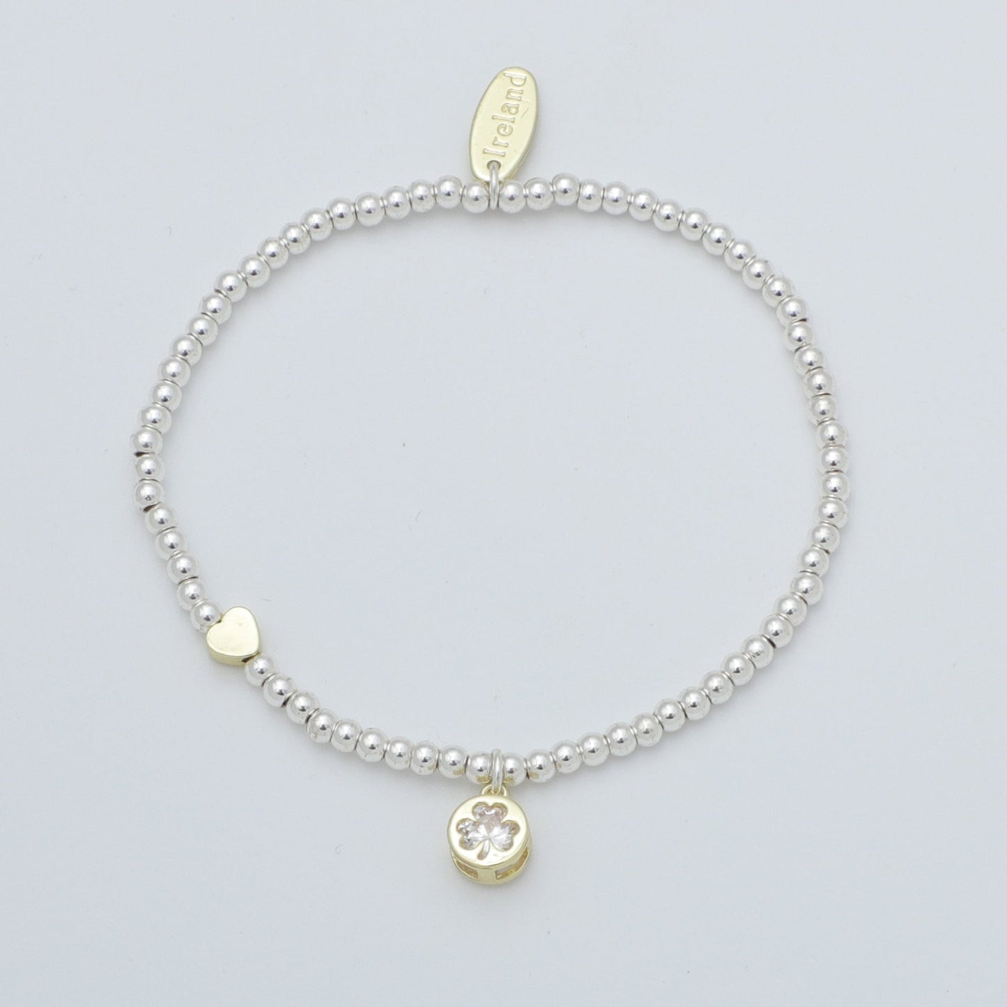 Silver Beaded Inlaid Clear Stone Shamrock Bracelet