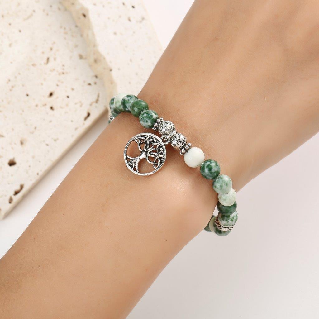 Tree Of Life Green Marble Stretch Bracelet