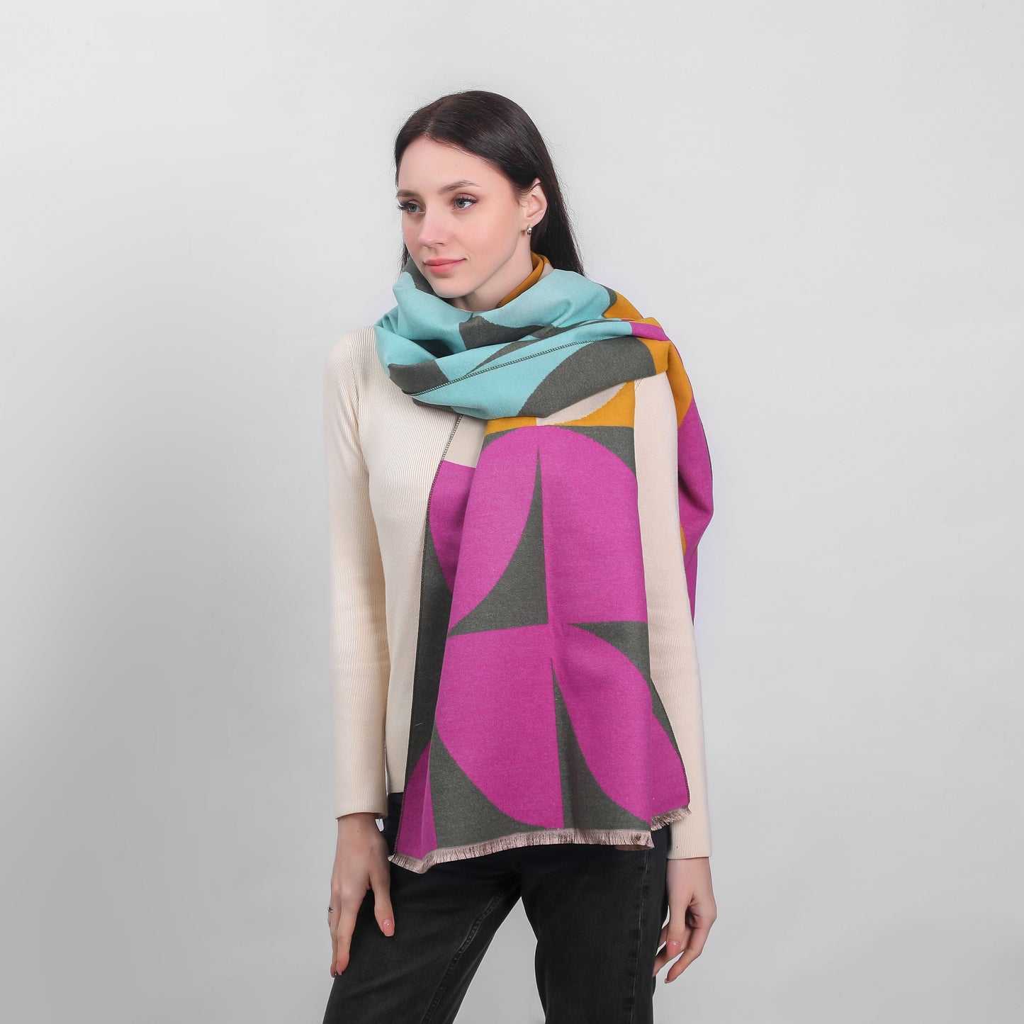 Ladies Geometric Scarf Teal & Mustard