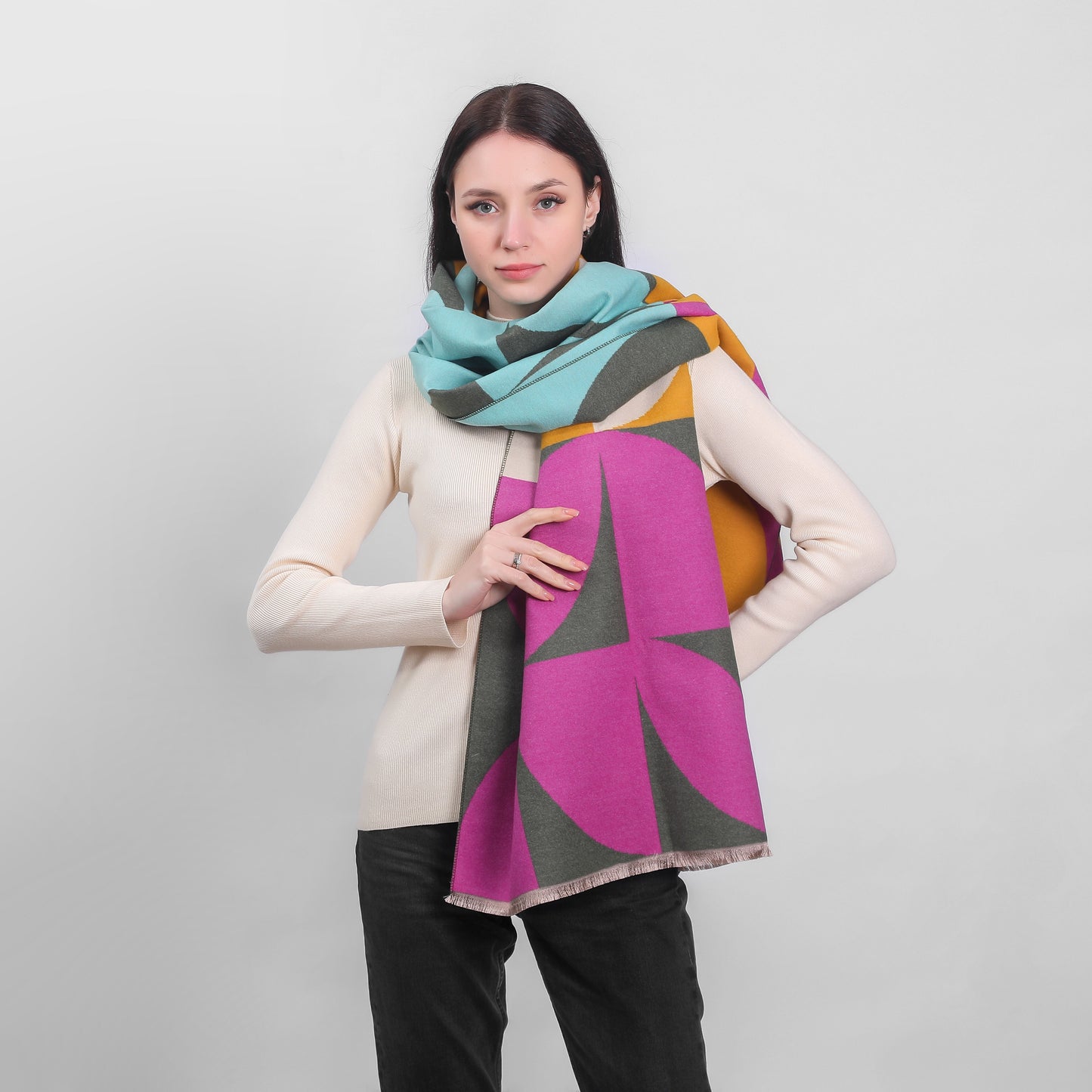 Ladies Geometric Scarf Teal & Mustard