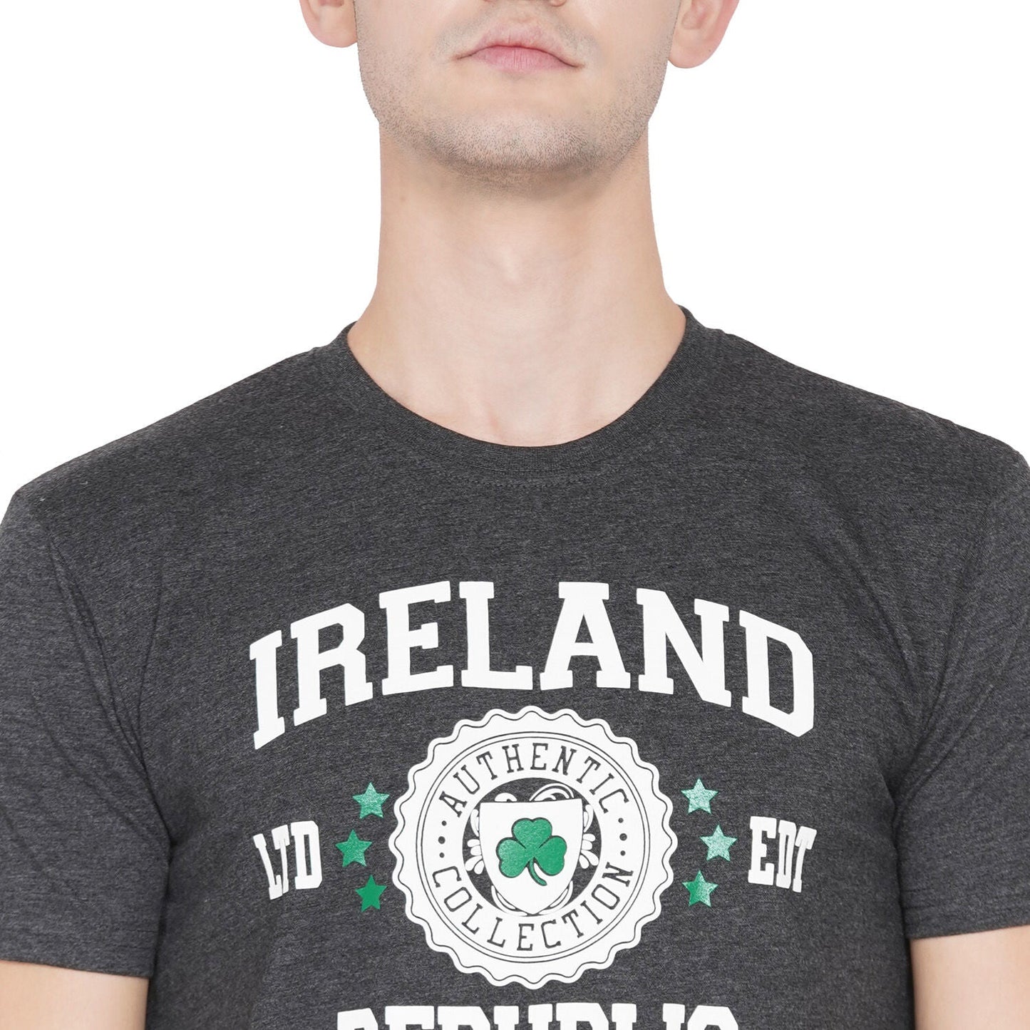 Man wearing dark gray t-shirt with Ireland Republic text and shamrock design
