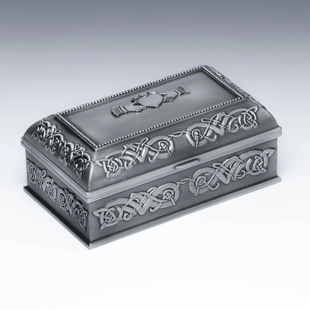 Medium pewter jewellery box with Claddagh pattern and Celtic knot trim.