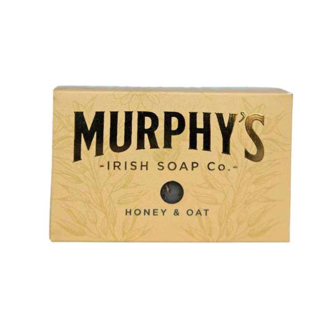 Rectangular beige soap box labeled Murphy's Irish Soap Co. Honey & Oat