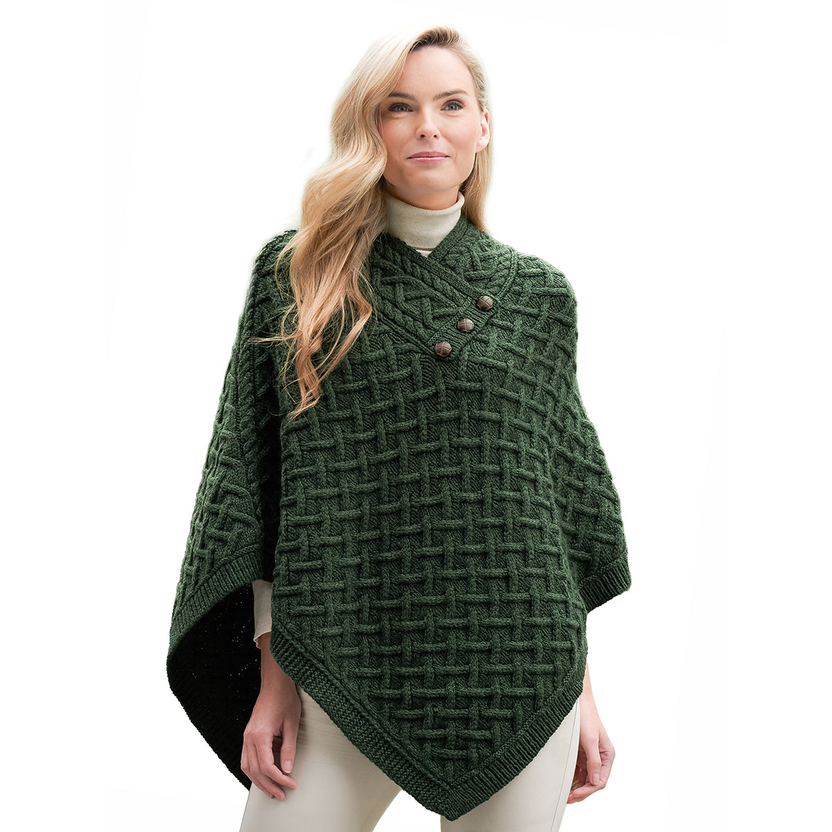 NUA green super soft merino poncho with a chunky lattice knit and buttoned neck detail