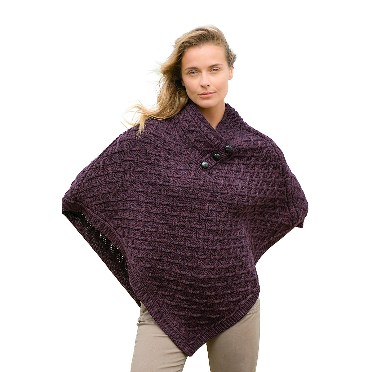 Plum merino poncho with lattice knit and buttoned collar worn by a model