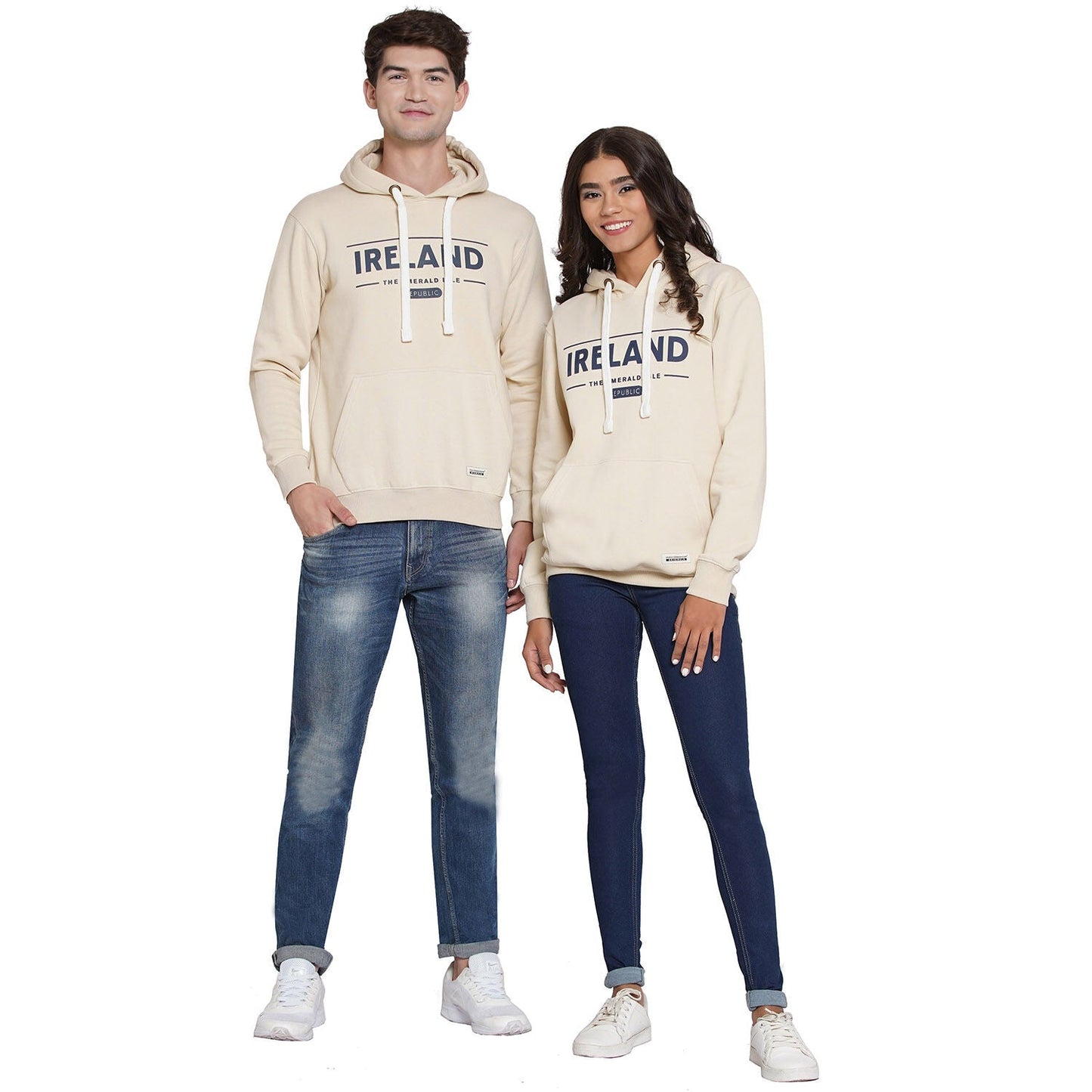 Beige Ireland Republic logo unisex hoodie with drawstrings worn by a man and a woman.