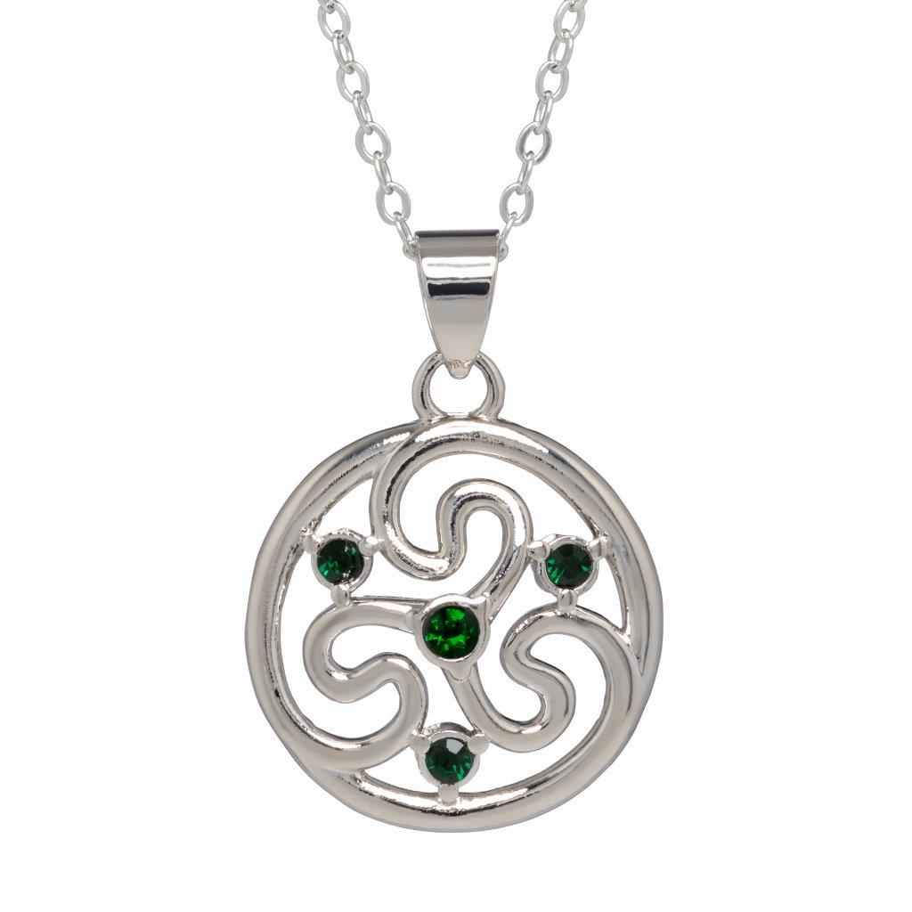 Silver Plated Celtic Triskele With Green Stone Necklace