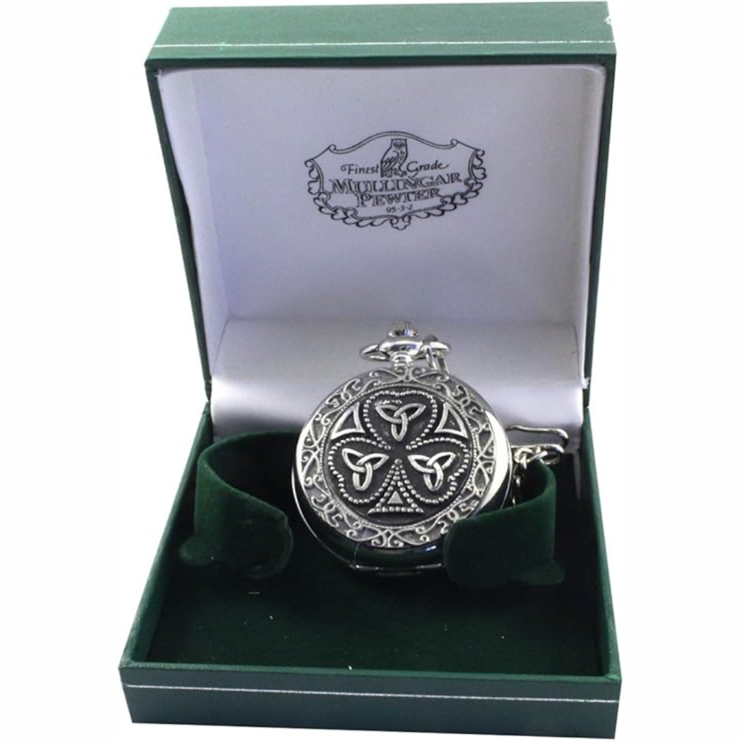 Mullingar Pewter Pocket Watch With Shamrock & Trinity Design & Celtic Border