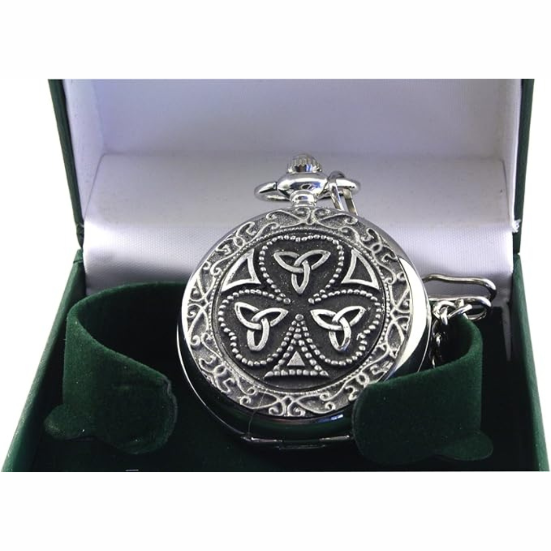 Mullingar Pewter Pocket Watch With Shamrock & Trinity Design & Celtic Border