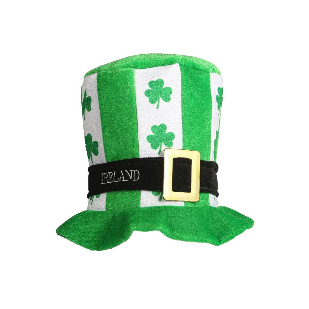 Green and white striped leprechaun hat with a black band and gold buckle