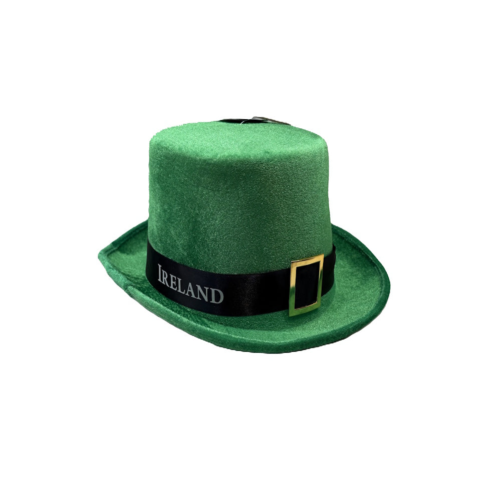 Green glitter leprechaun bowler hat with a black band displaying Ireland text