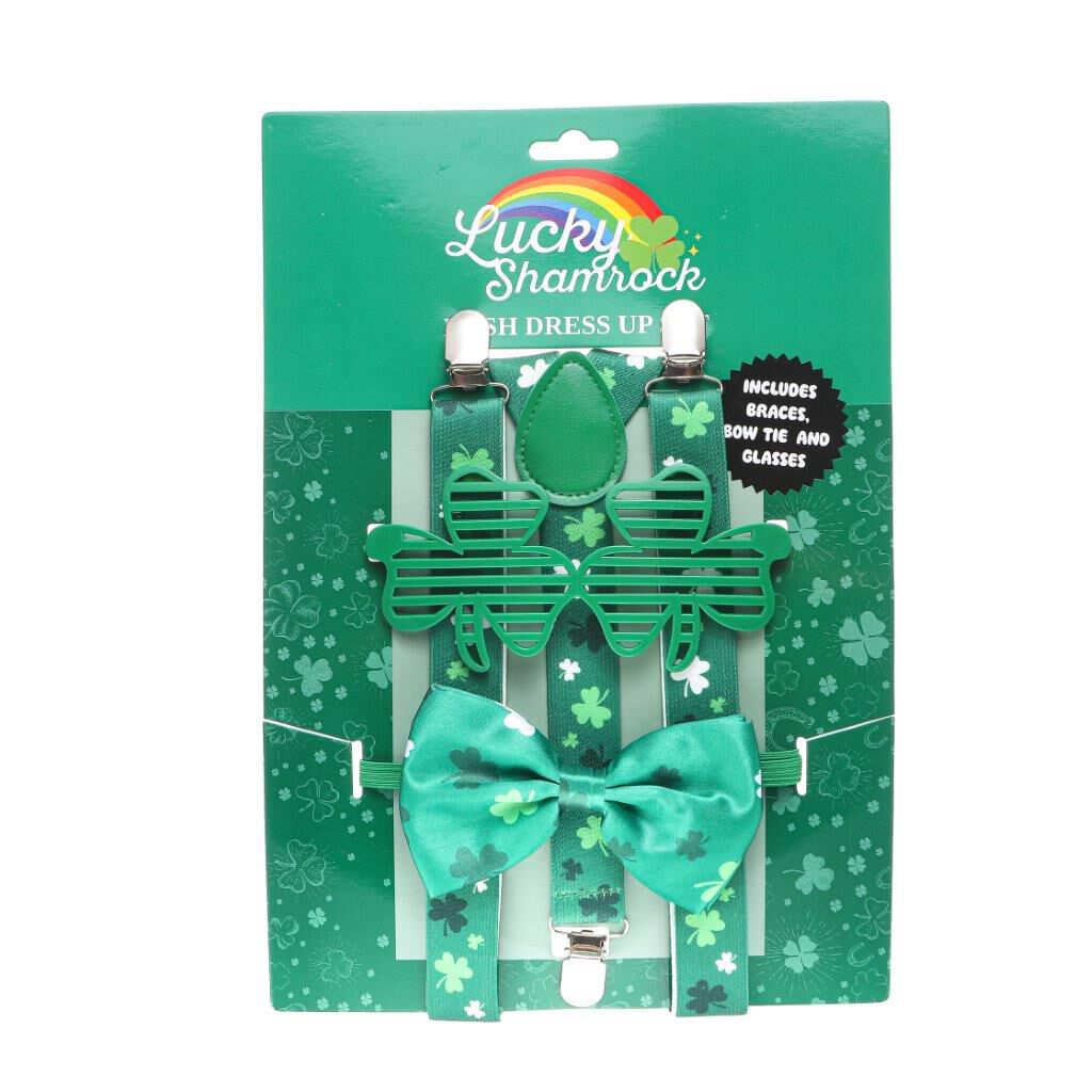 Green shamrock-themed suspenders, bow tie, and shutter glasses set