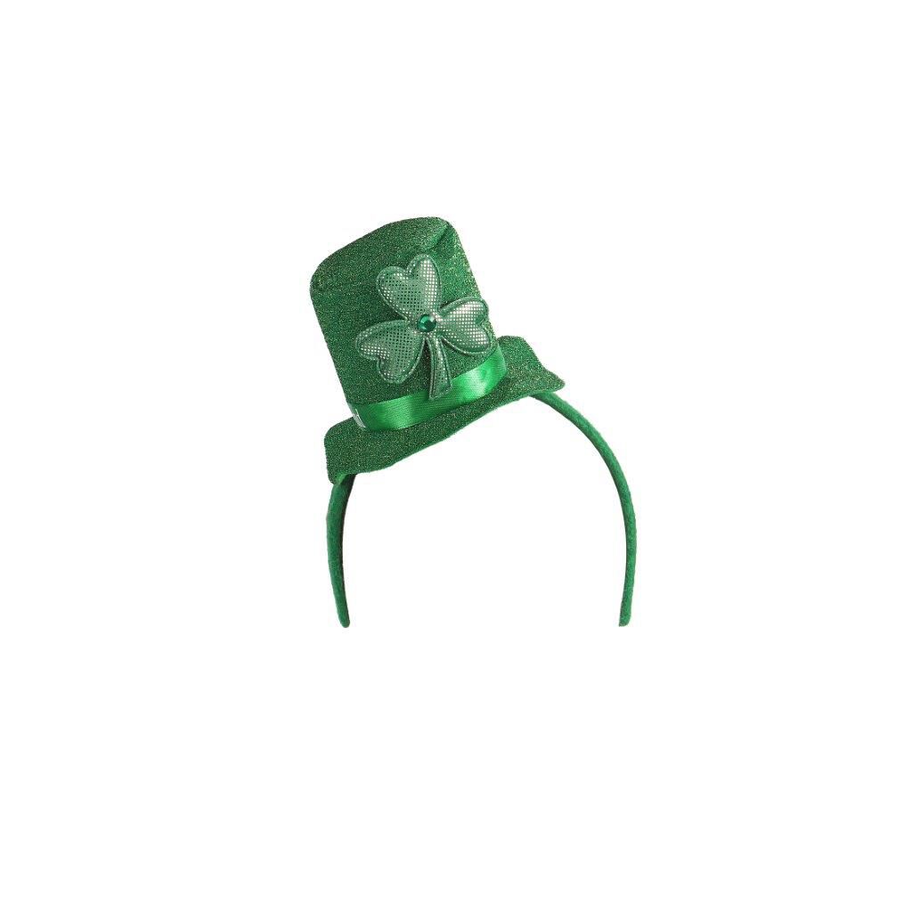 Green glittery top hat headband featuring a decorative shamrock.