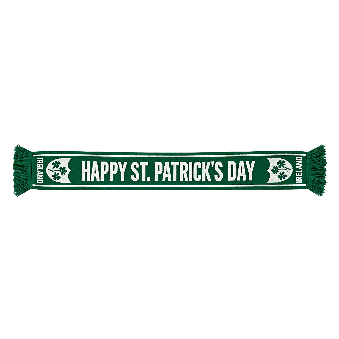Green St Patrick's Day scarf laid flat with HAPPY ST PATRICK S DAY across and fringed ends