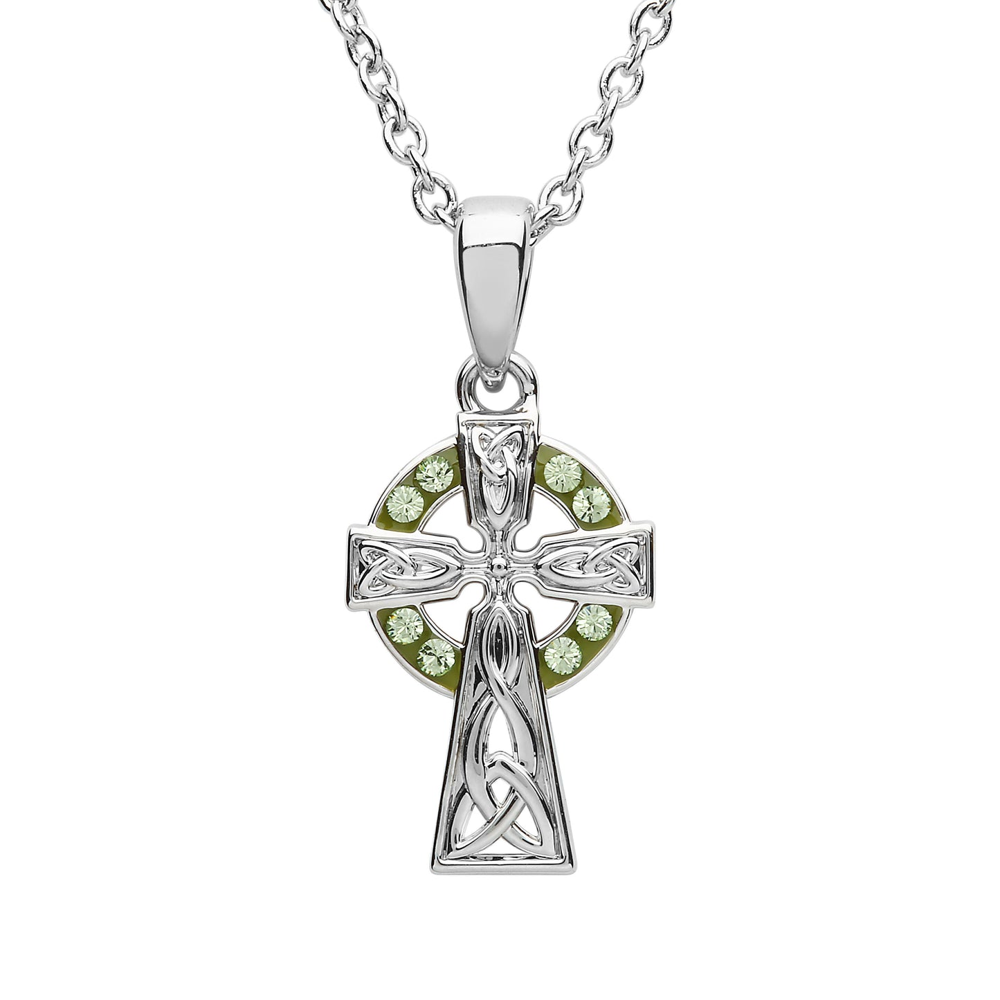 Platinum Plated Celtic Cross Necklace With Circle Of Peridot Crystals