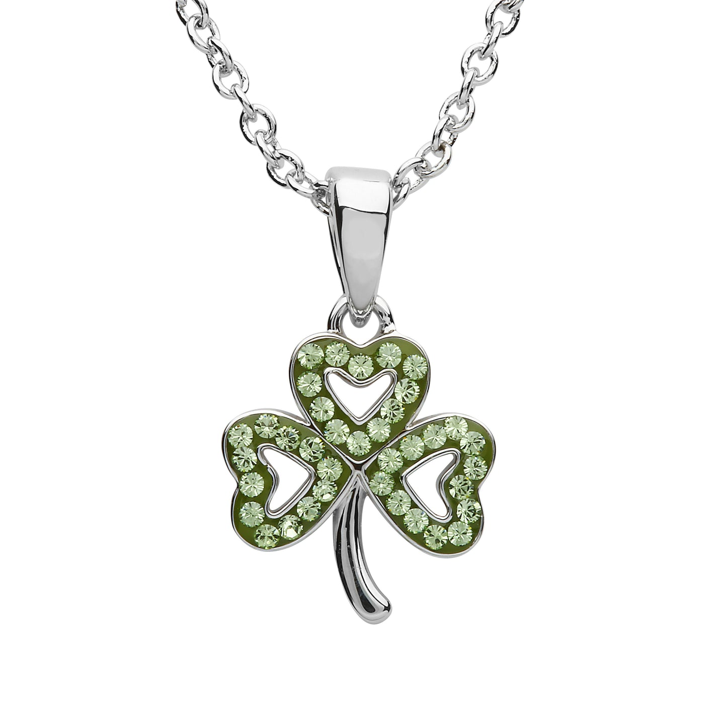 Platinum Plated Shamrock necklace With Peridot Crystals