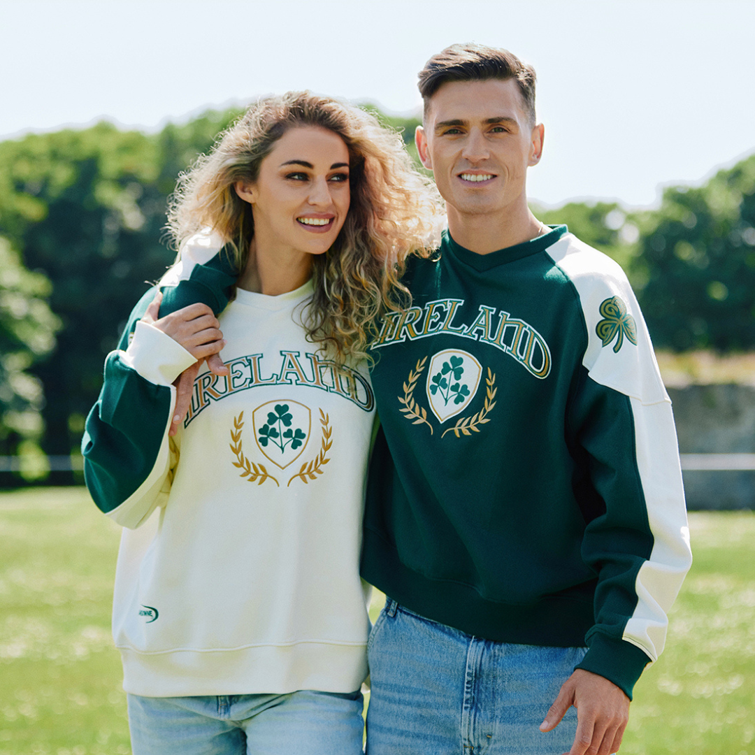 Unisex Ireland Crest V-Neck Cream and Green Sweatshirt