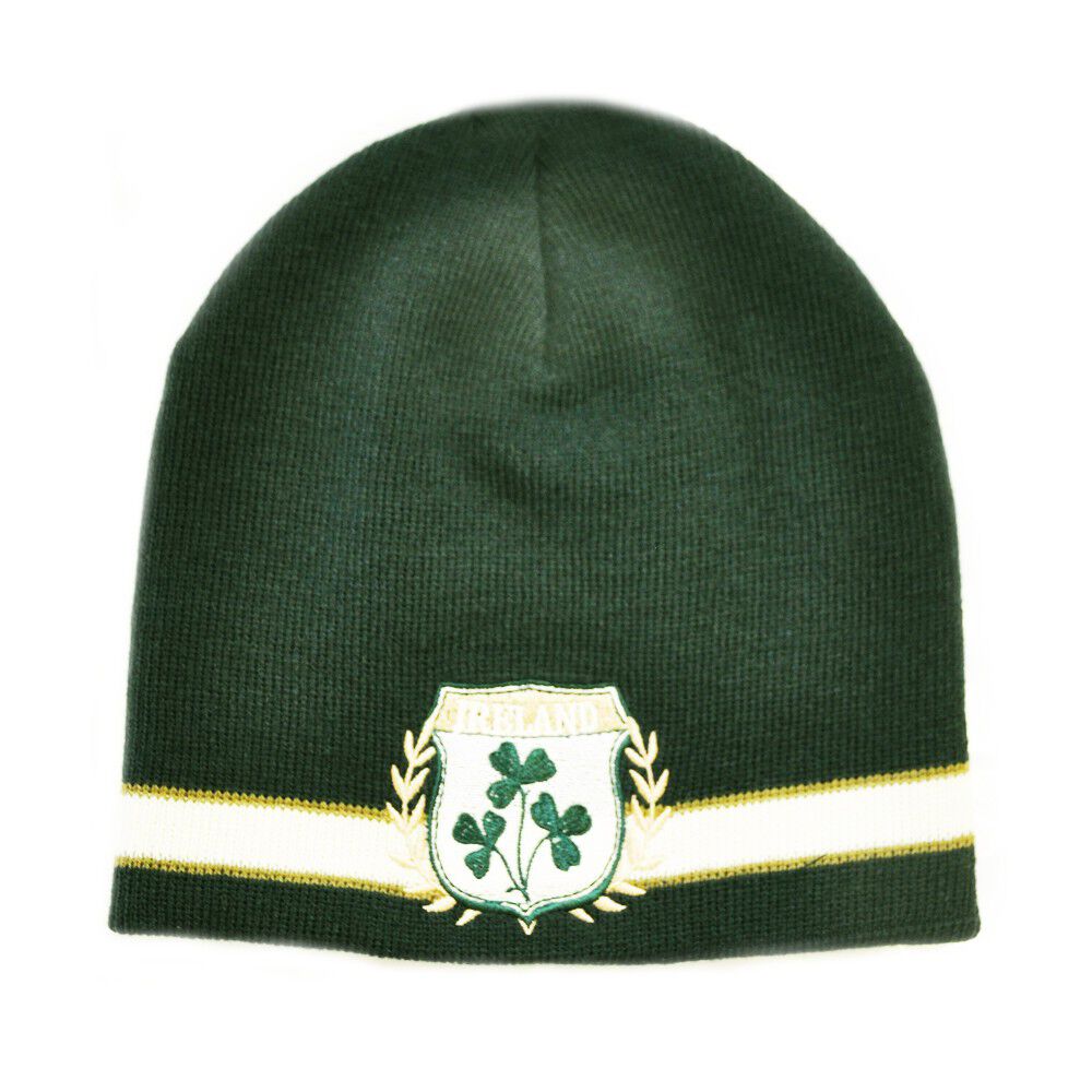 Knitted Hat With Embroidered Ireland Crest & Shamrocks Green