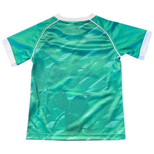 Back view of a green short-sleeve sports shirt with white trim