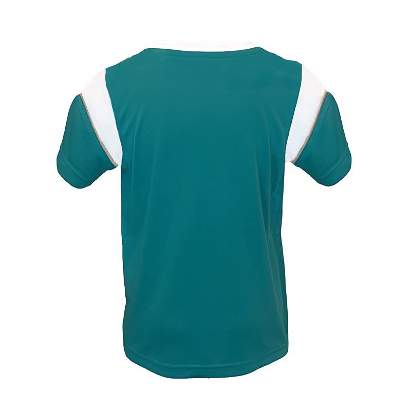 Back view of teal short-sleeve shirt with white shoulder panels