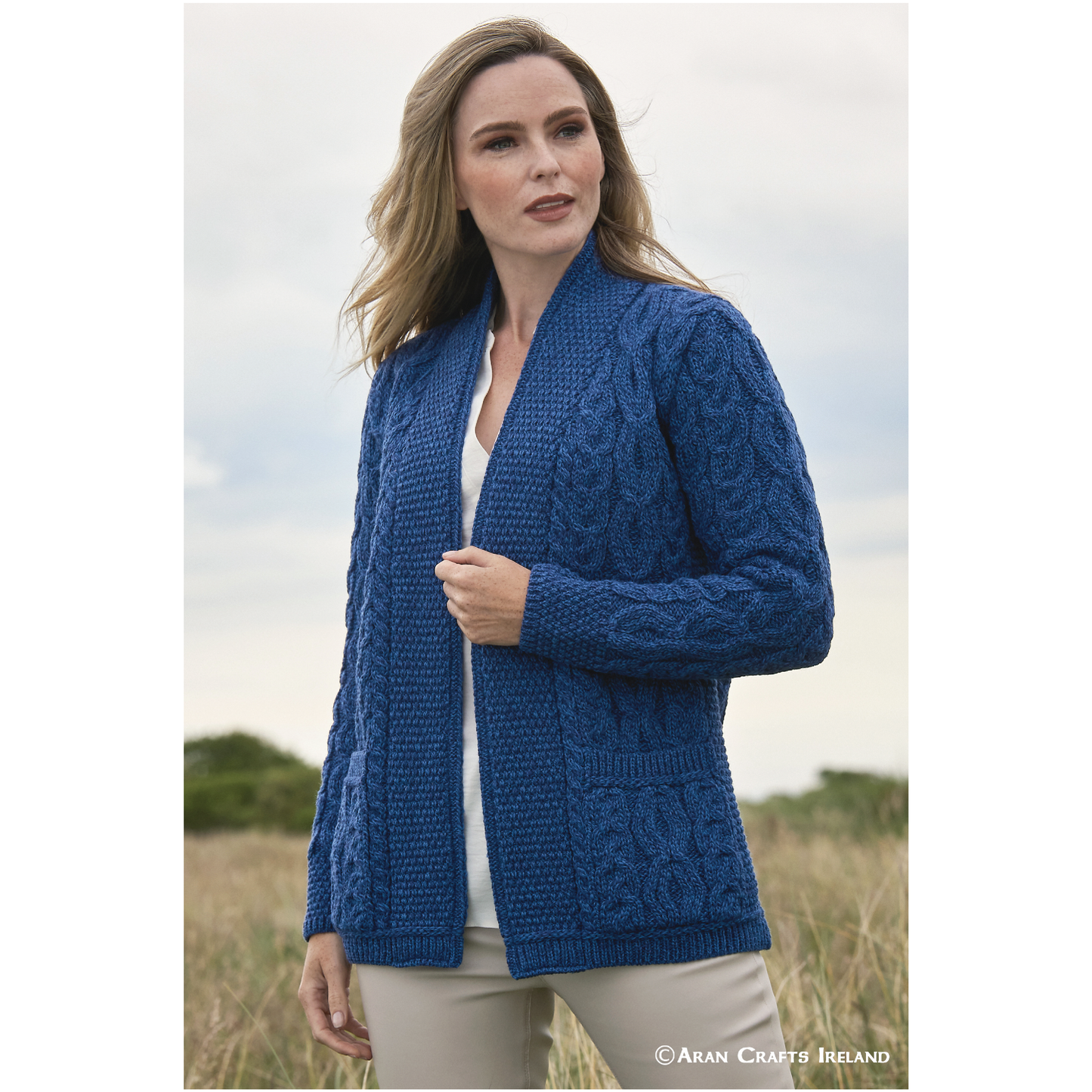 Ladies Aran Short Edge To Edge Mallard Blue Cardigan
