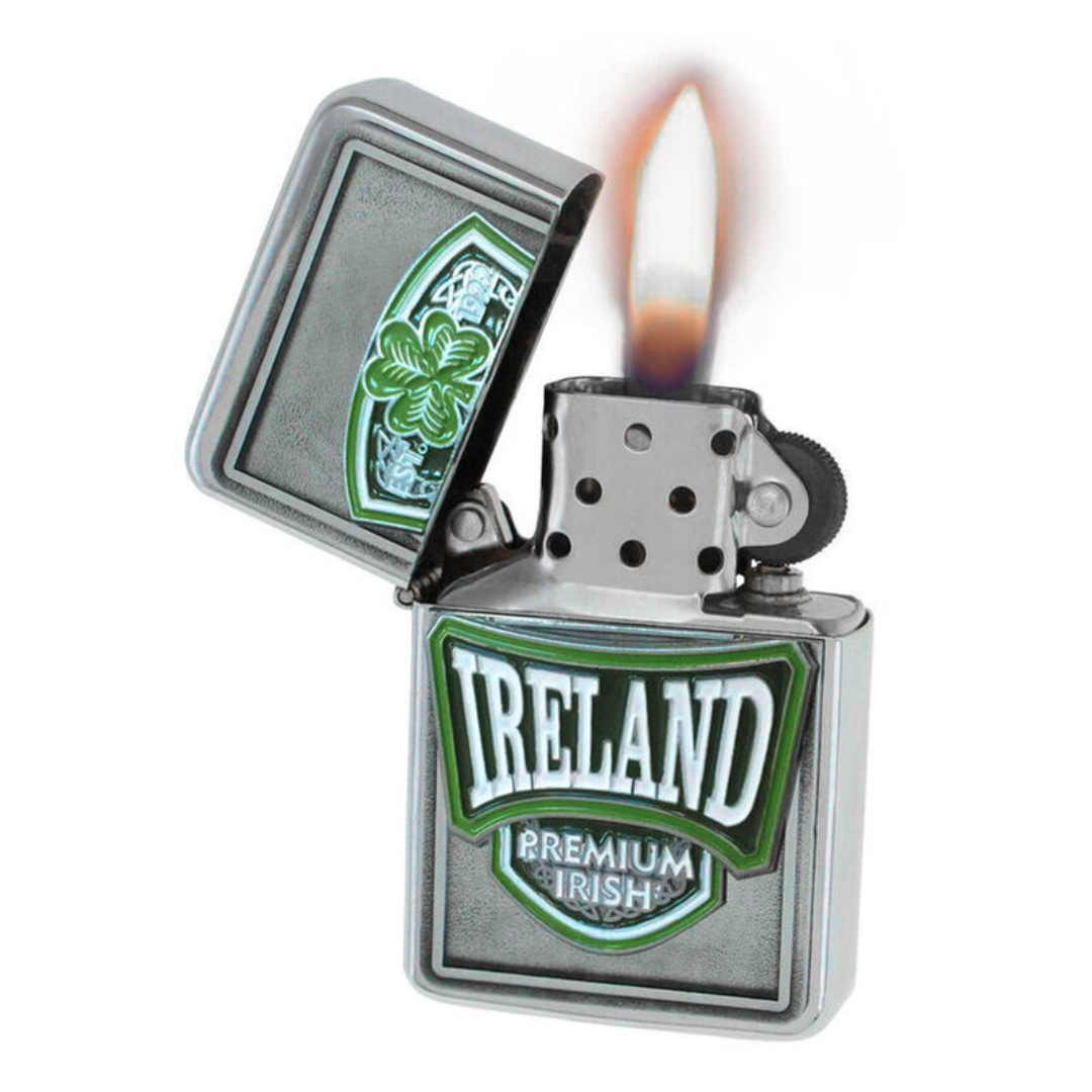 Refillable metal lighter featuring Ireland crest with green shamrock design