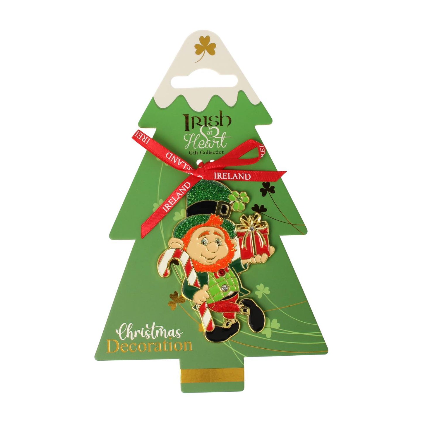 Irish at Heart metal decoration featuring a leprechaun on a green Christmas tree with red Ireland ribbon