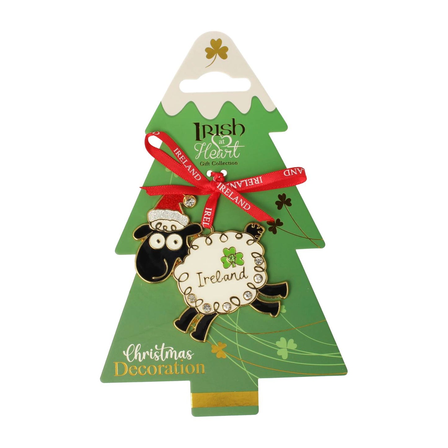 Irish at Heart metal decoration sheep with festive green body and red Ireland ribbon