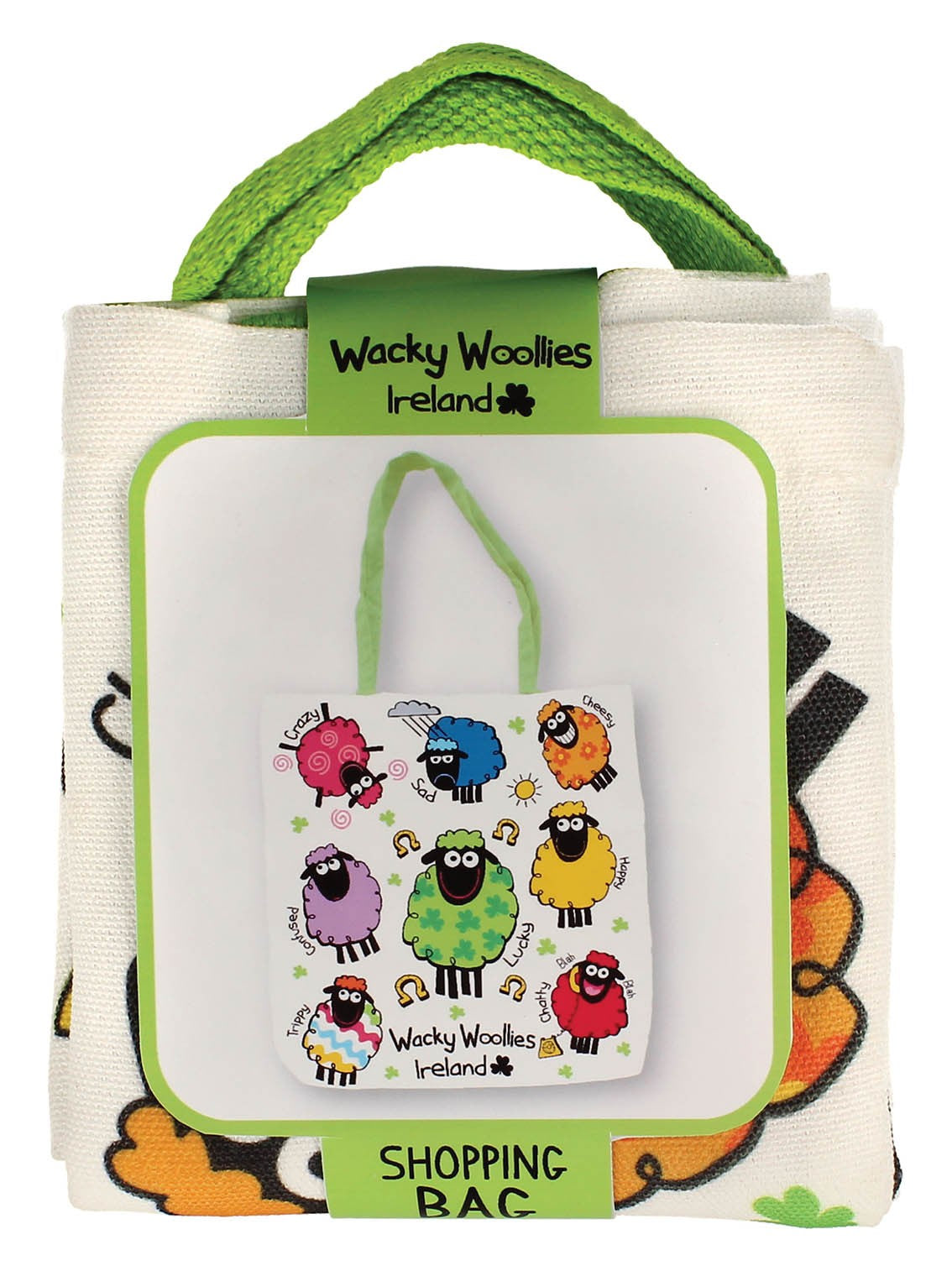 Small printed Wacky Woolies tote displayed on a white shopping bag with lime trim and green handles