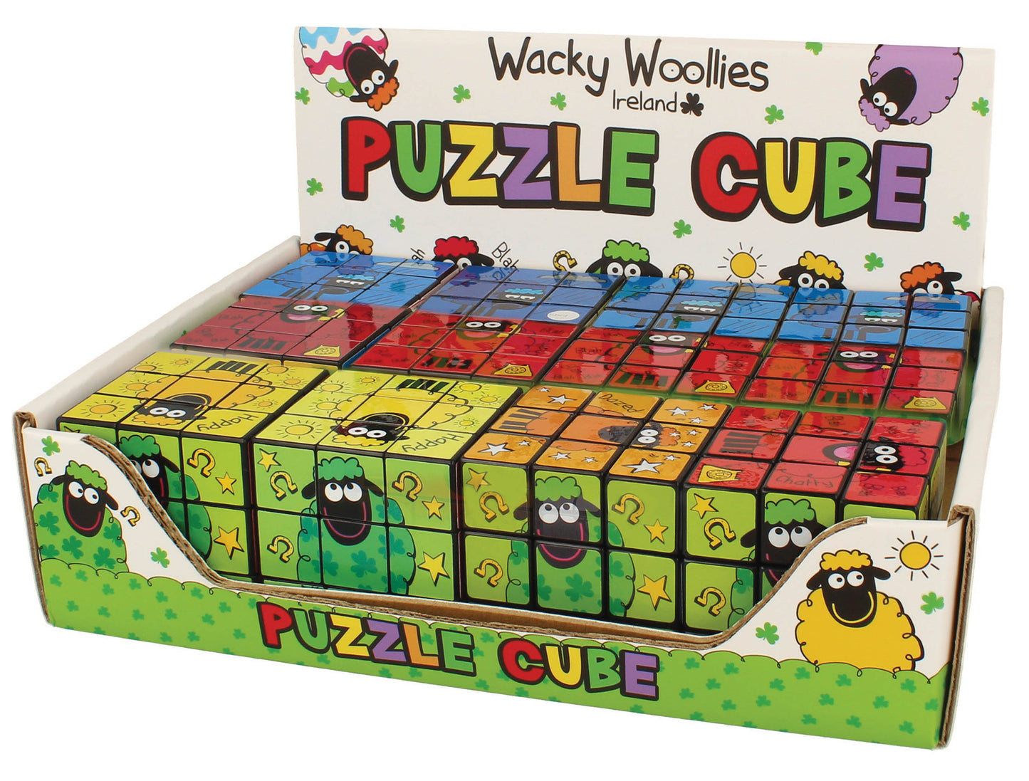 Boxed Wacky Woolies Puzzle Cube display with colorful cubes arranged in rows in a retail carton.