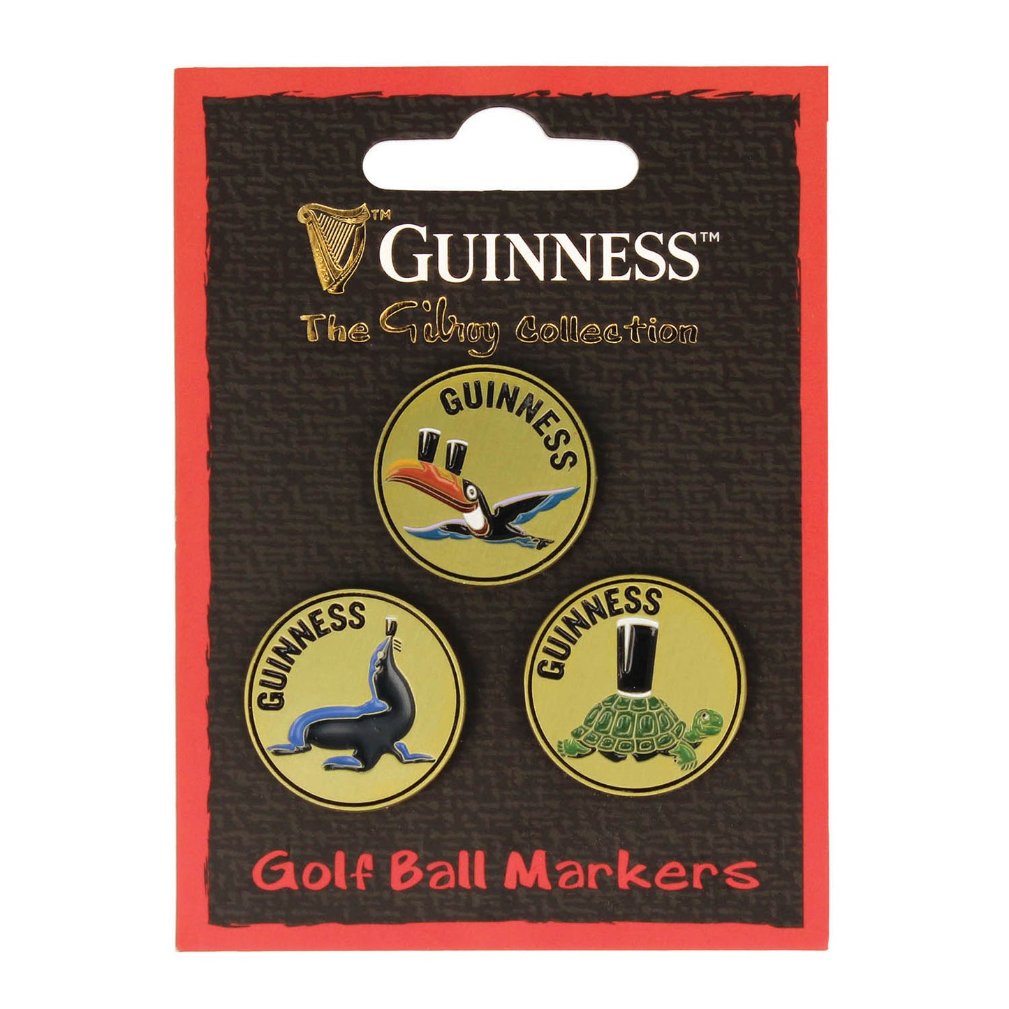Guinness Gilroy Gold Golf Ball Markers three gold round markers on a black textured display card.