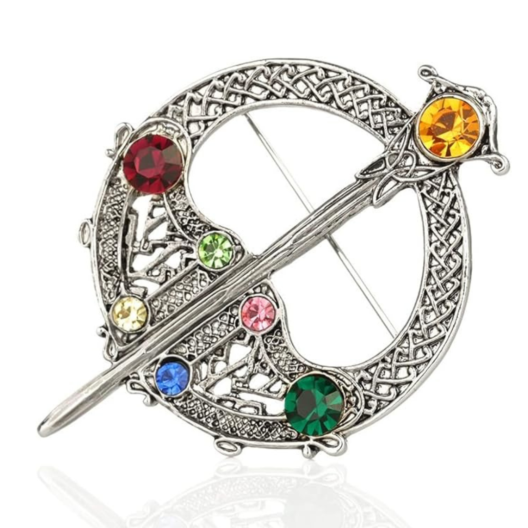 Silver Plated Full Circle Tara Brooch Withed Stones