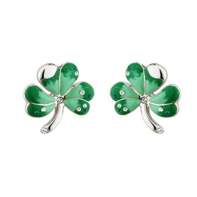 Rhodium Plated Shamrock Stud Earrings With Green Enamel Detail & Crystals