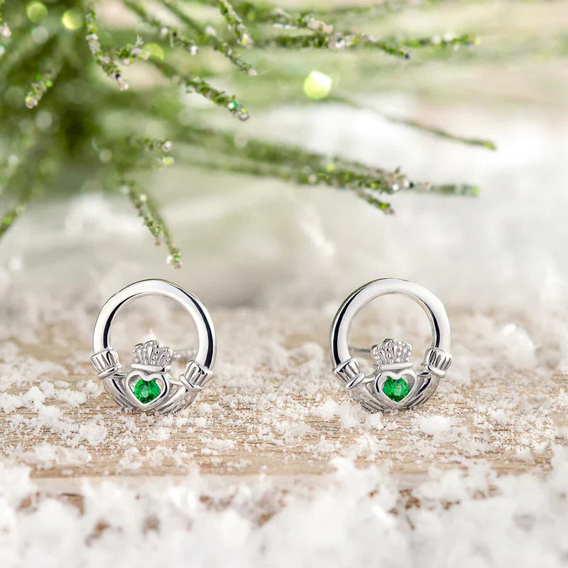Green Crystal Claddagh Stud Earrings