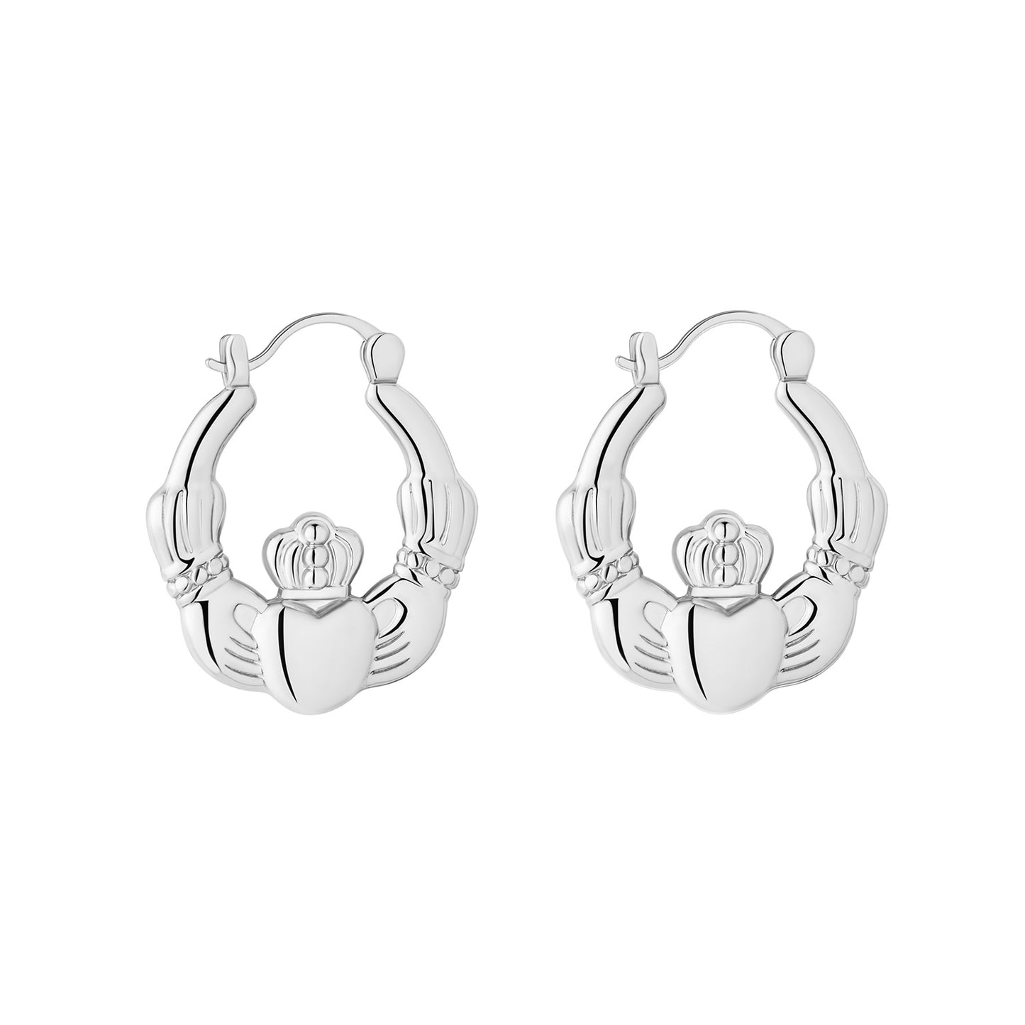 Rhodium Plated Medium Claddagh Creole Earrings