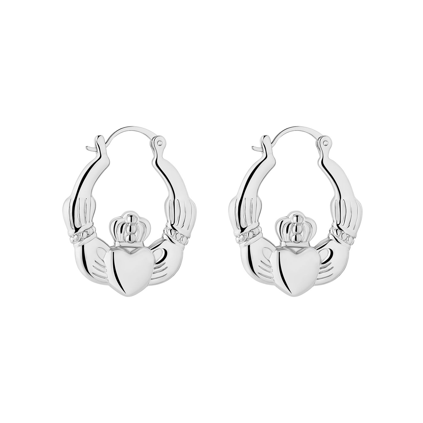 Rhodium Plated Large Claddagh Creole Earrings