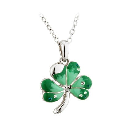 Rhodium Plated Shamrock necklace With Green Enamel & Crystals