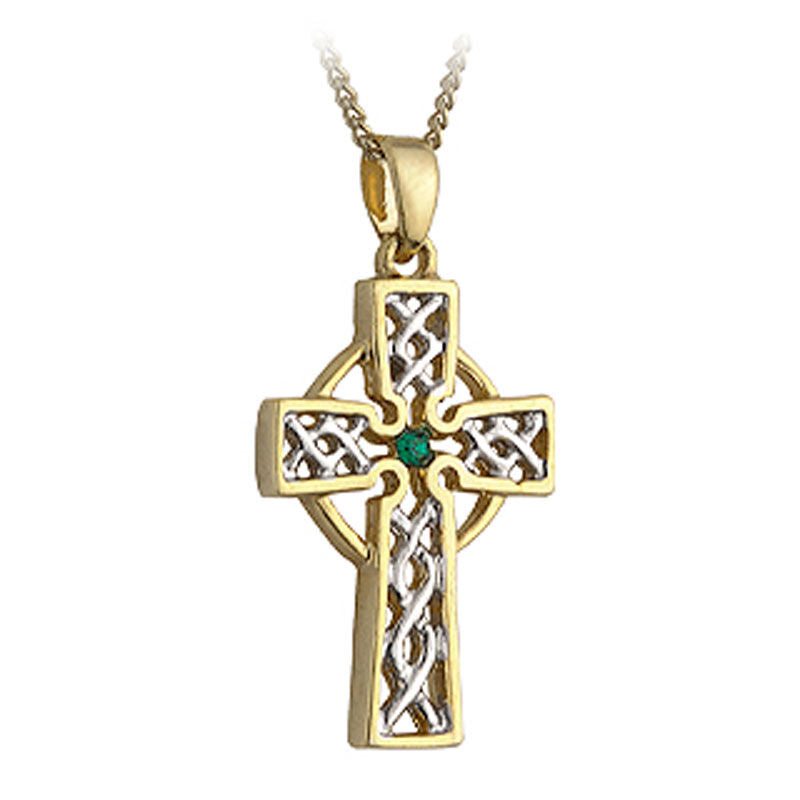 Gold Plated Two Toned Celtic High Cross Necklace With Emerald Stone