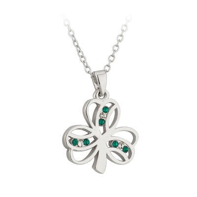 Rhodium Plated Shamrock Necklace With Green & White Crystals