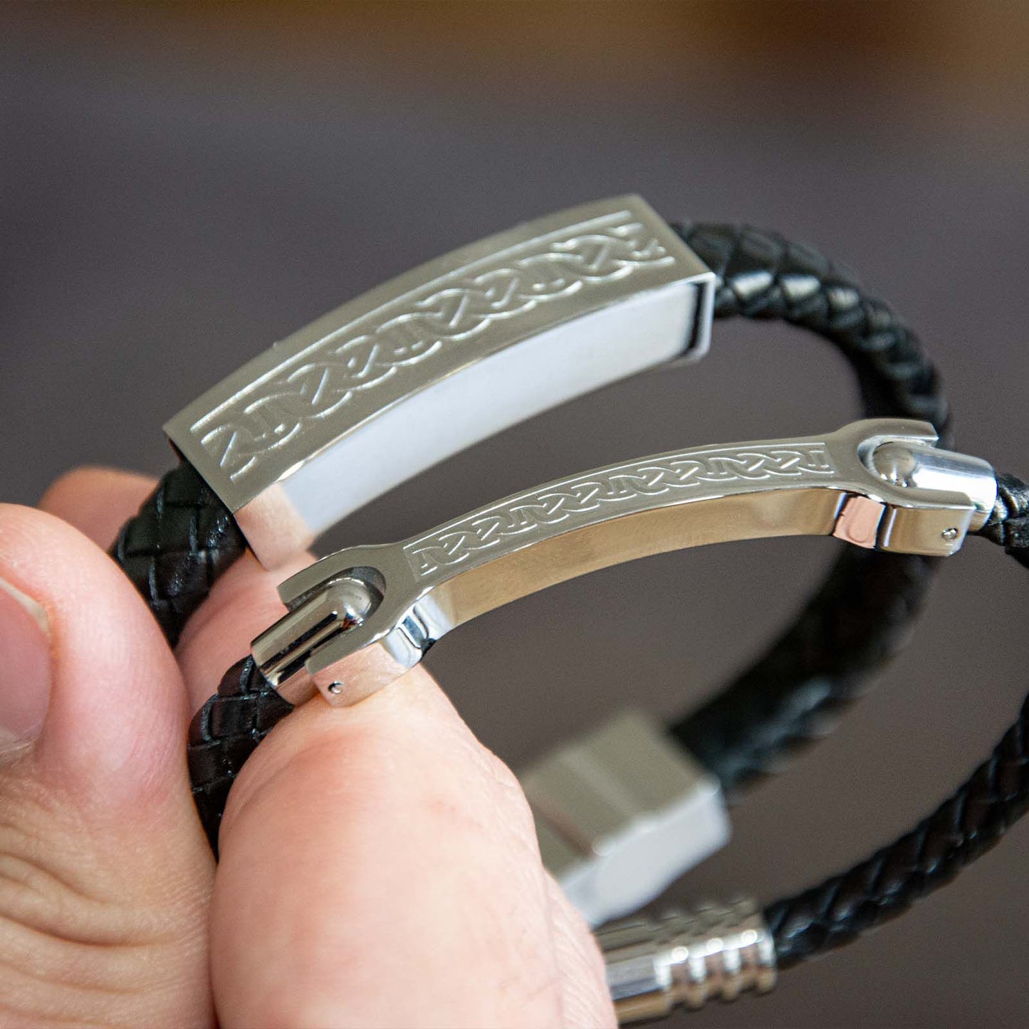 Mens' Black Leather Bracelet Wristband With Steel Celtic Knot Design